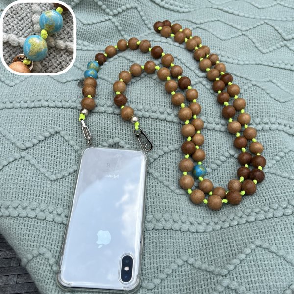 Handykette Lang mit Motiv Welt I Smartphone-Prlenkette 15 mm I L&auml;nge ca.138 cm